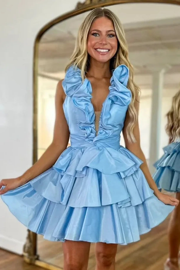 Low V-Neck Ruffled Halter Satin A-Line Tiered Homecoming Dress