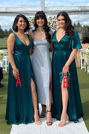 Low V-Neck Satin A-Line Empire Long Bridesmaid Dress With Slit