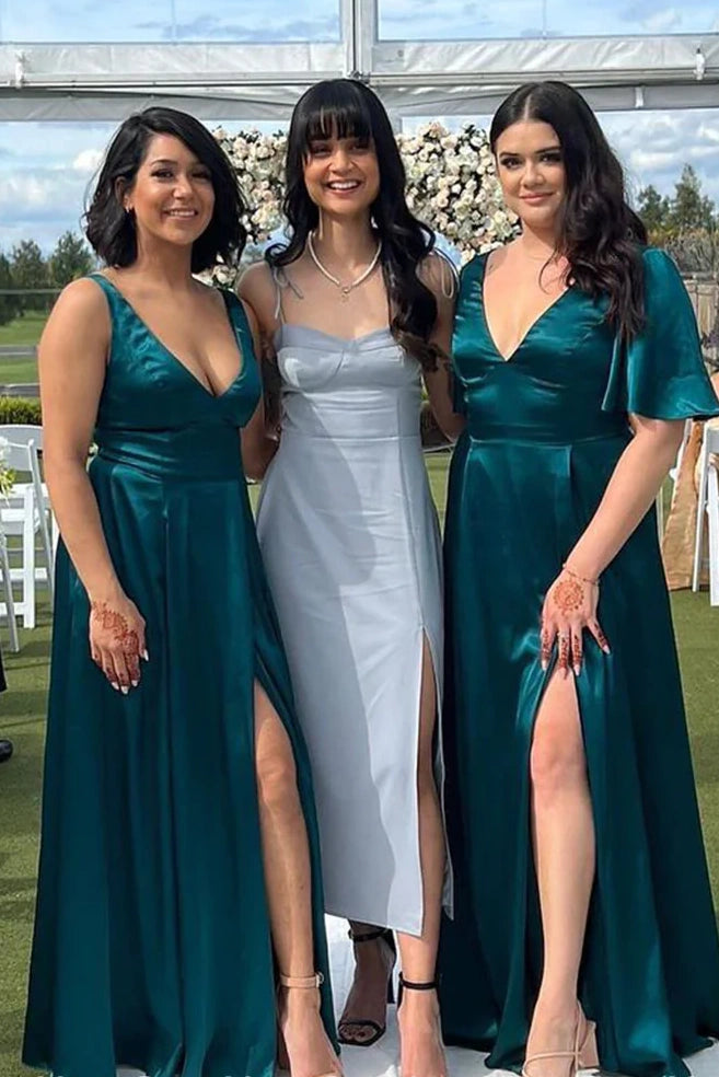Low V-Neck Satin A-Line Empire Long Bridesmaid Dress With Slit