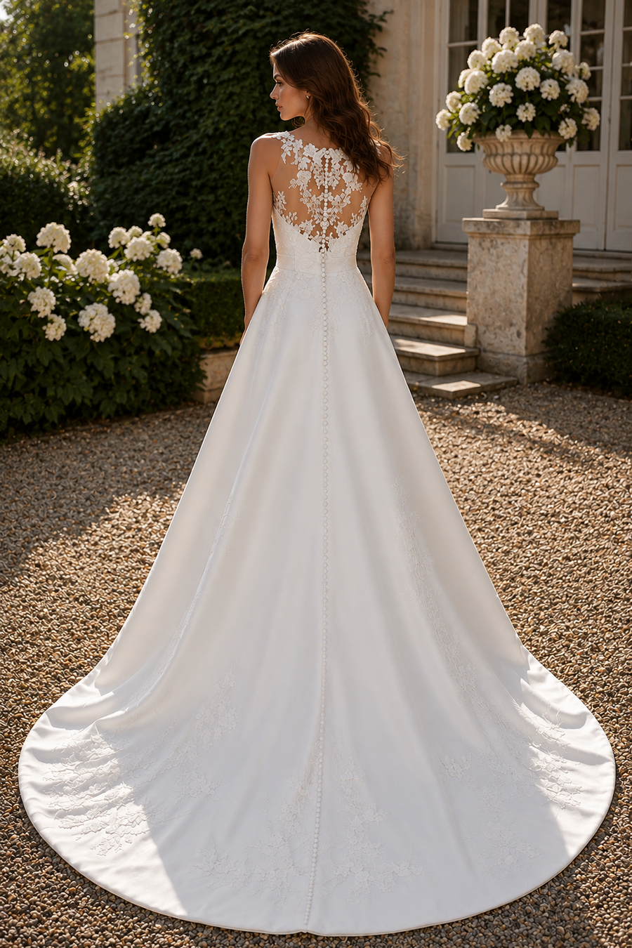 Low V-Neck Satin A-Line Lace Back Wedding Dress With Pockets