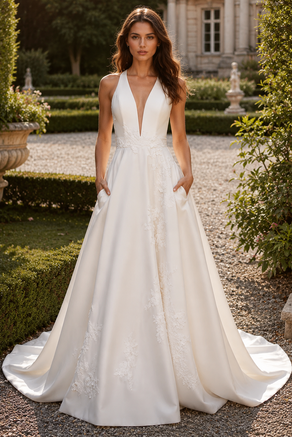 Low V-Neck Satin A-Line Lace Back Wedding Dress With Pockets
