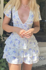 Low V-Neck Short Sleeves A-Line Tiered Floral Mini Party Dress