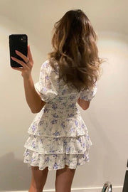 Low V-Neck Short Sleeves A-Line Tiered Floral Mini Party Dress