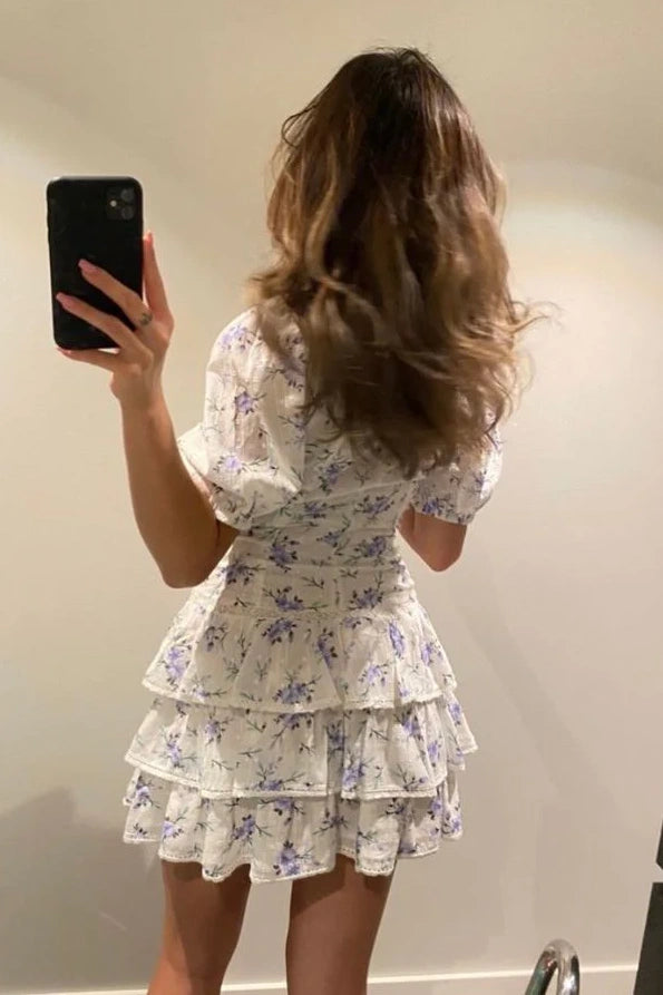 Low V-Neck Short Sleeves A-Line Tiered Floral Mini Party Dress