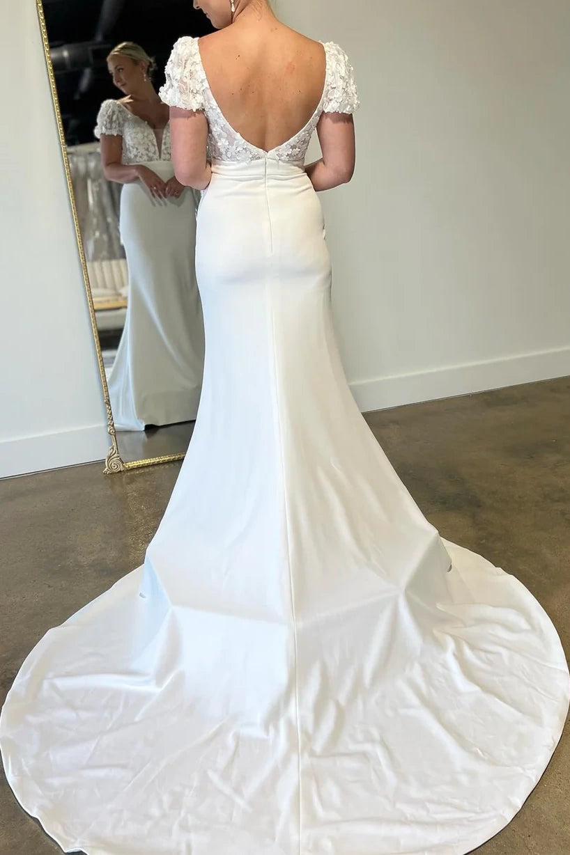 Low V-Neck Short Sleeves Empire Long Wedding Dress