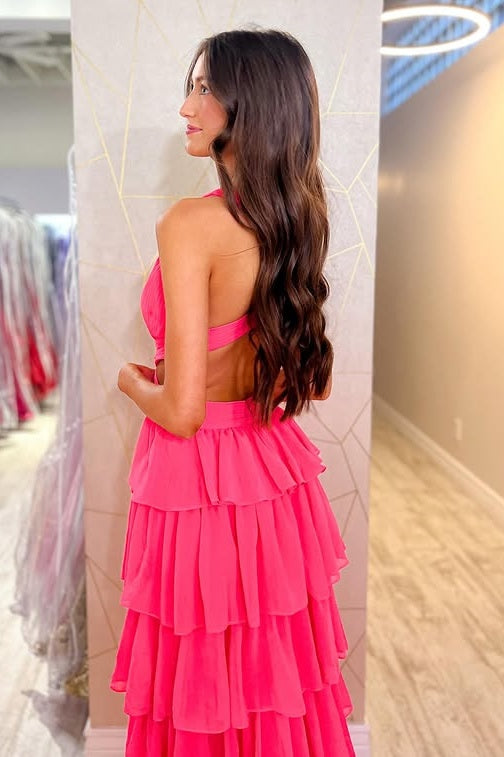 Low V-Neck Sleeveless A-Line Tiered Party Prom Dress With Slit