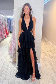 Low V-Neck Sleeveless A-Line Tiered Party Prom Dress With Slit