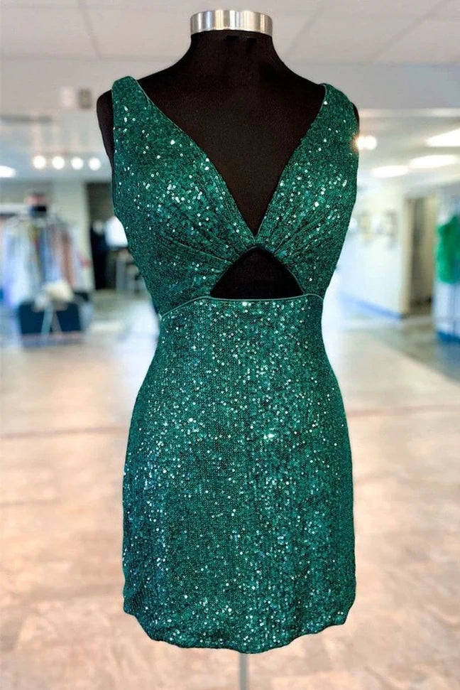Low V-Neck Sleeveless Backless Sequins Homecoming Dress