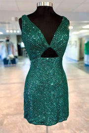 Low V-Neck Sleeveless Backless Sequins Homecoming Dress