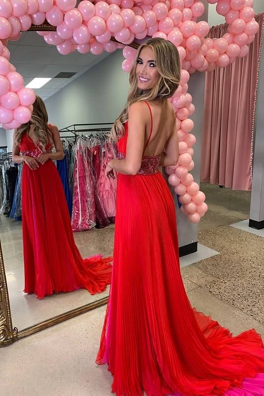 Low V-Neck Sleeveless Beaded Empire A-Line Party Prom Dress