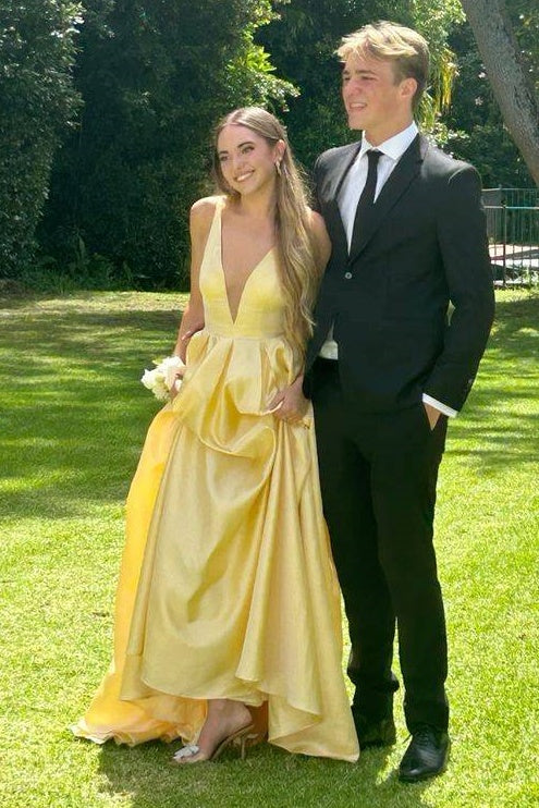 Low V-Neck Sleeveless Empire A-Line Satin Party Prom Dress