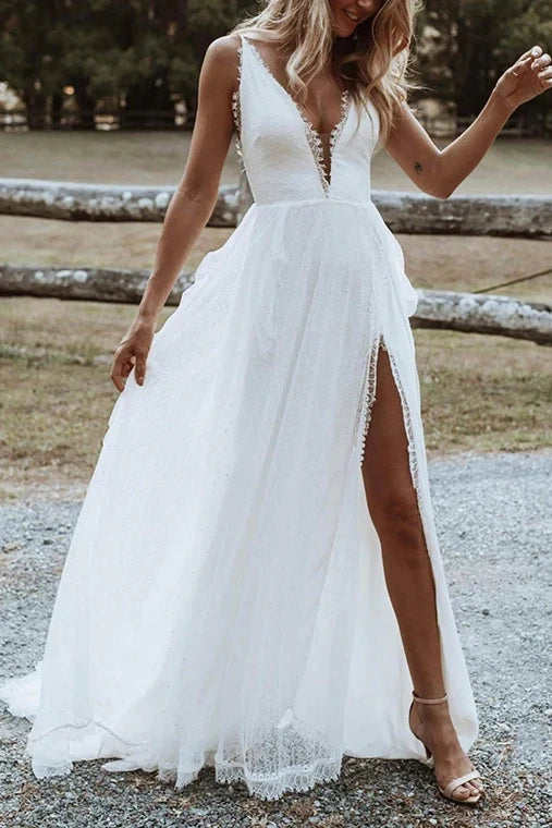 Low V-Neck Sleeveless Empire Wedding Dress With Side Slit