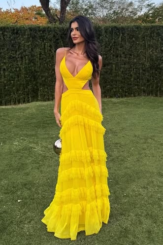 Low V-Neck Sleeveless Illusion Empire Ruffle Long Party Prom Dress