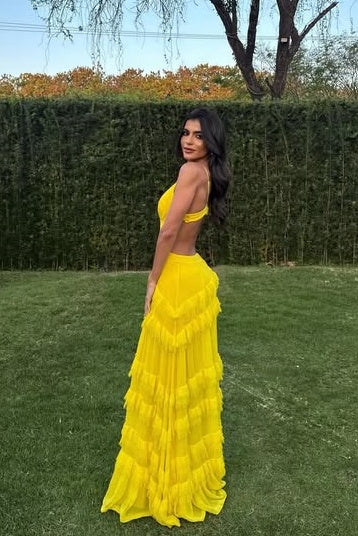 Low V-Neck Sleeveless Illusion Empire Ruffle Long Party Prom Dress