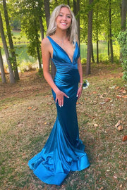 Low V-Neck Sleeveless Mermaid Party Prom Dress