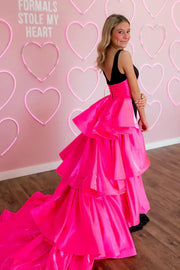 Low V-Neck Sleeveless With Tiered Train Velvet Prom Dress