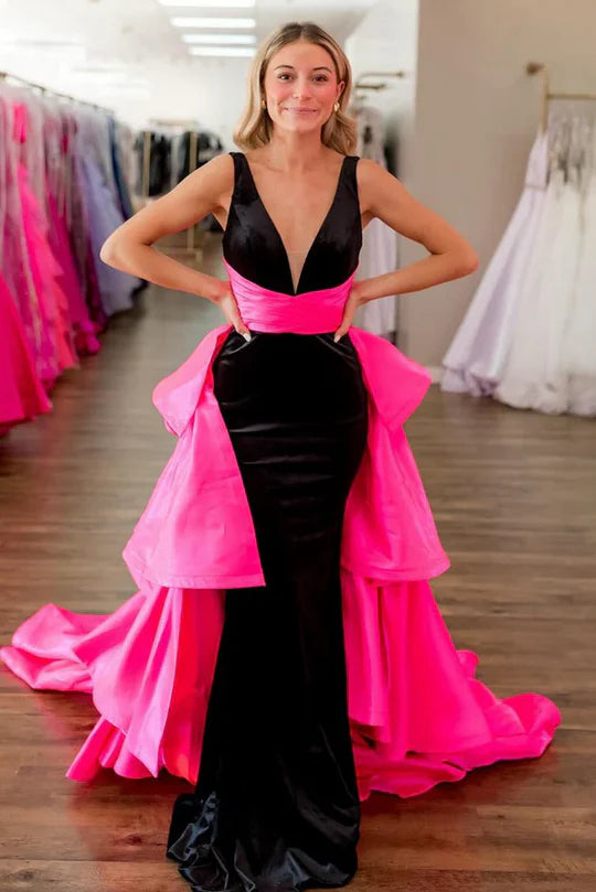 Low V-Neck Sleeveless With Tiered Train Velvet Prom Dress