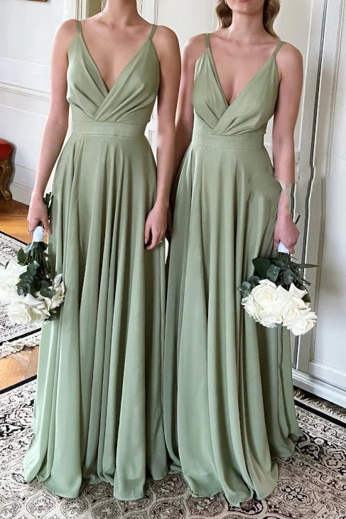 Low V-Neck Spaghetti Straps A-Line Long Bridesmaid Dress