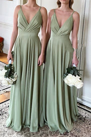 Low V-Neck Spaghetti Straps A-Line Long Bridesmaid Dress