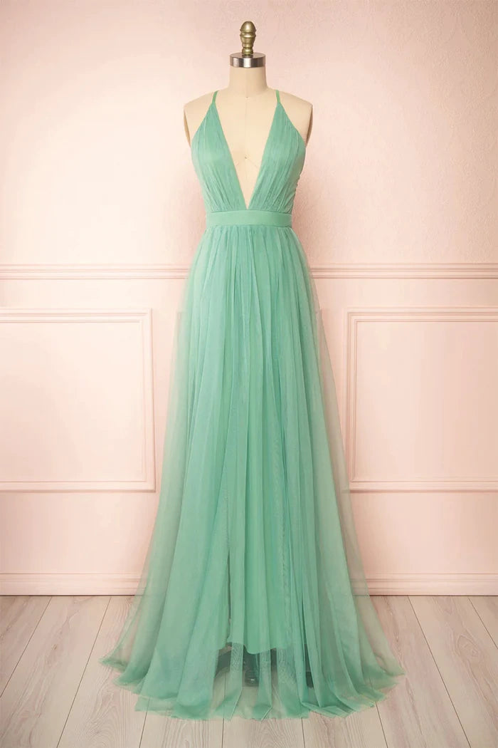 Low V-Neck Spaghetti Straps A-Line Long Bridesmaid Dress