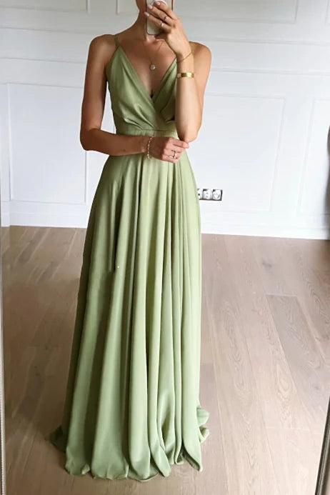 Low V-Neck Spaghetti Straps A-Line Long Bridesmaid Dress