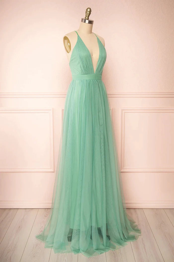 Low V-Neck Spaghetti Straps A-Line Long Bridesmaid Dress