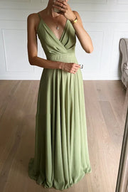 Low V-Neck Spaghetti Straps A-Line Long Bridesmaid Dress