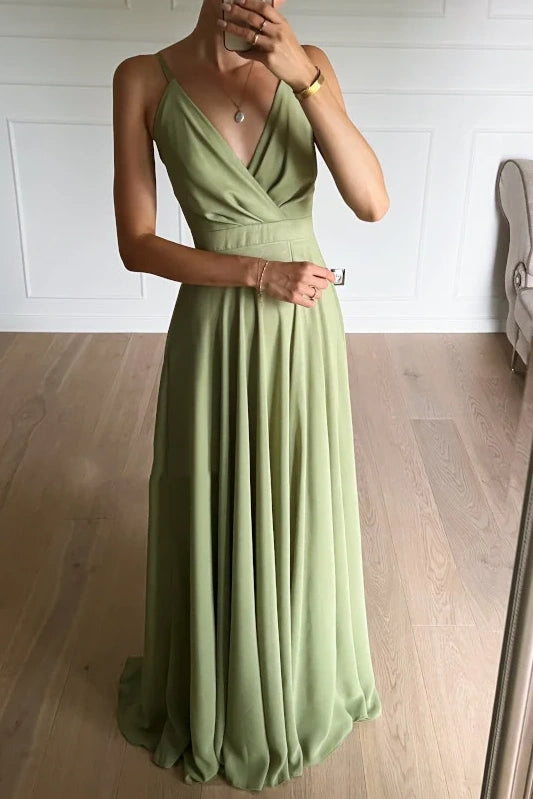 Low V-Neck Spaghetti Straps A-Line Long Bridesmaid Dress