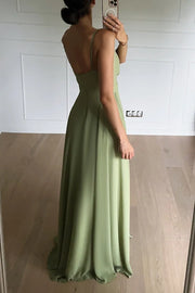 Low V-Neck Spaghetti Straps A-Line Long Bridesmaid Dress