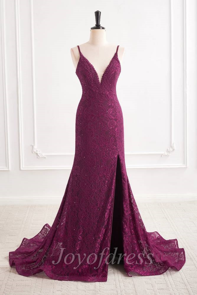 Low V-Neck Spaghetti Straps Fully Lace Mermaid Party Prom Dress