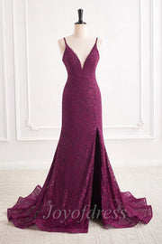 Low V-Neck Spaghetti Straps Fully Lace Mermaid Party Prom Dress