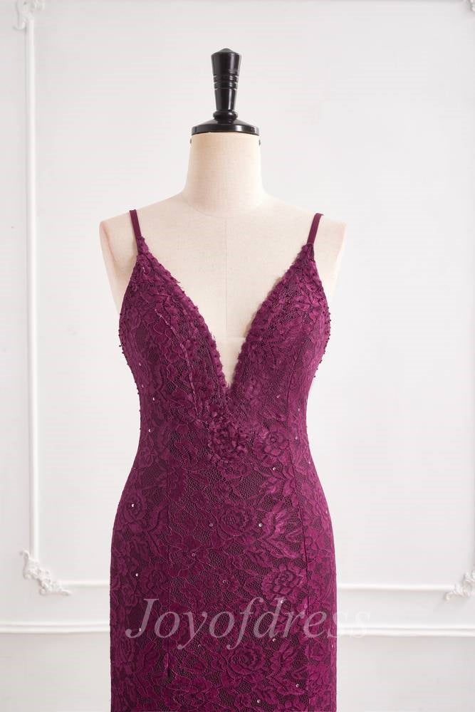 Low V-Neck Spaghetti Straps Fully Lace Mermaid Party Prom Dress