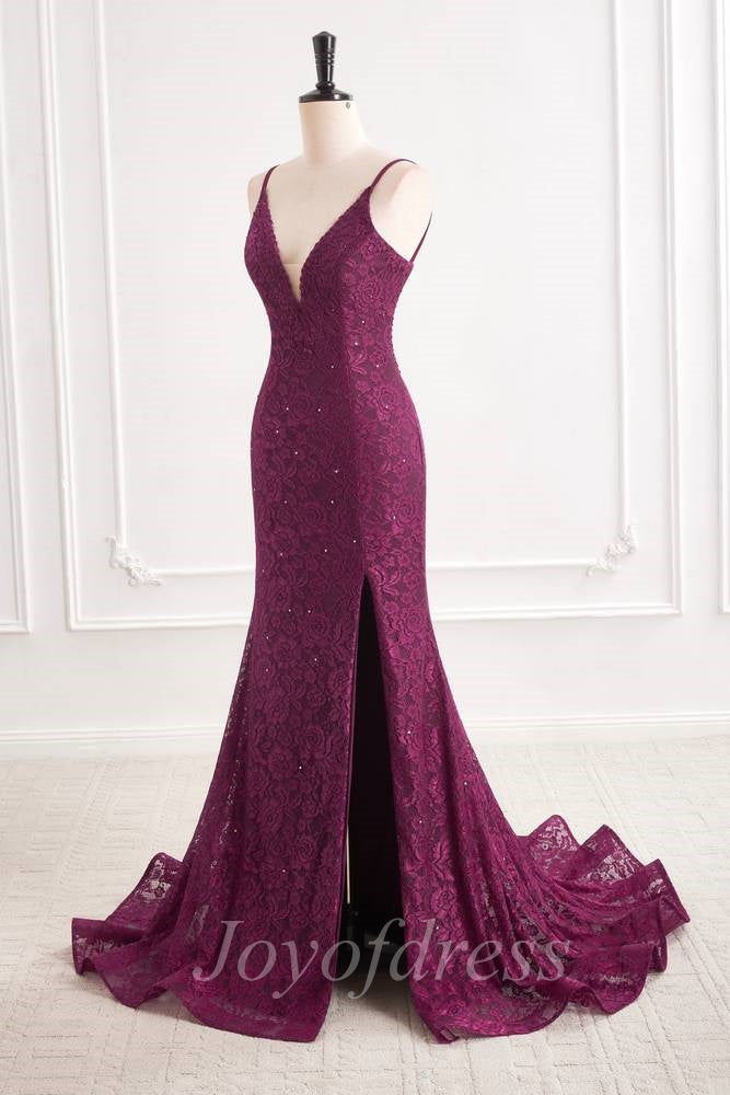 Low V-Neck Spaghetti Straps Fully Lace Mermaid Party Prom Dress