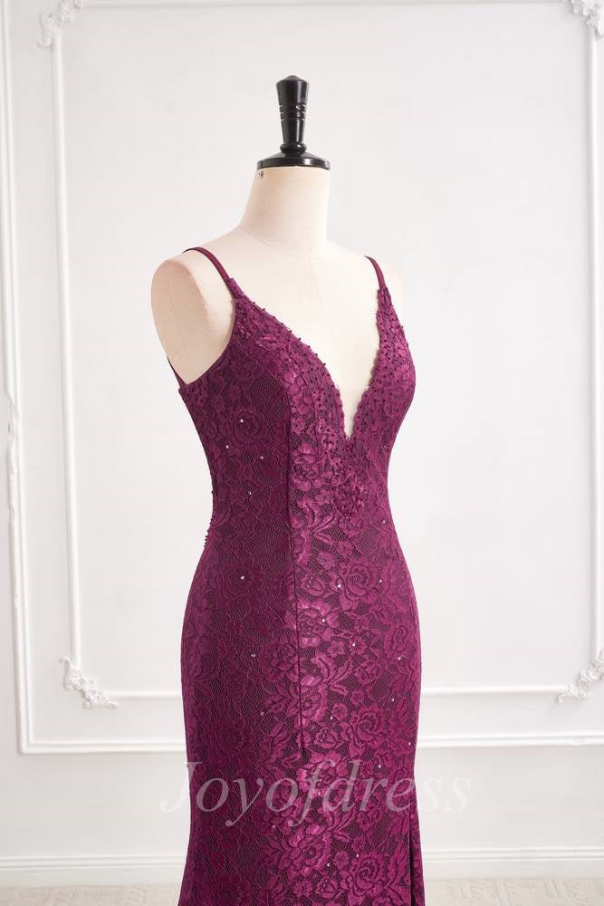 Low V-Neck Spaghetti Straps Fully Lace Mermaid Party Prom Dress