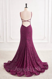 Low V-Neck Spaghetti Straps Fully Lace Mermaid Party Prom Dress
