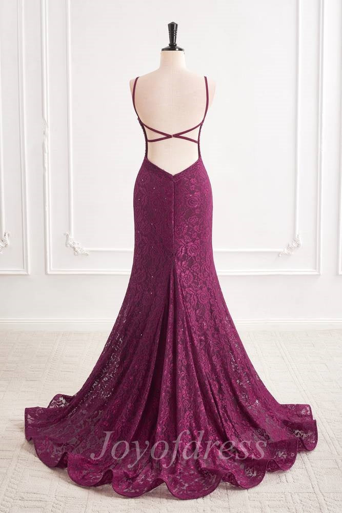 Low V-Neck Spaghetti Straps Fully Lace Mermaid Party Prom Dress