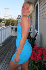 Low V-Neck Spaghetti Straps Lace Bodycon Homecoming Dress