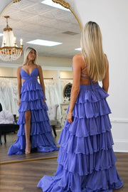 Low V-Neck Spaghetti Straps Lace Up Long Tiered Prom Dress