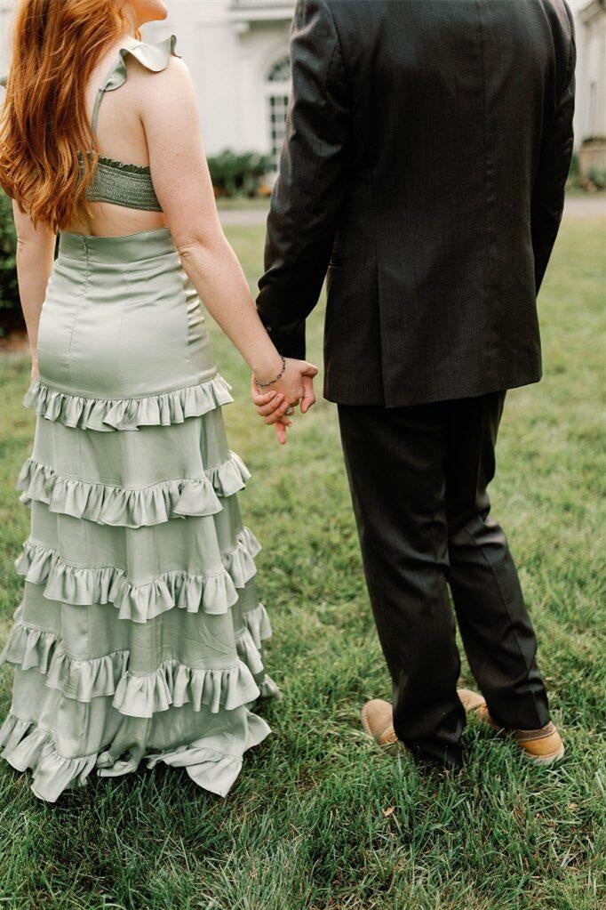 Low V-Neck Spaghetti Straps Tiered Ruffled Bridesmaid Dress