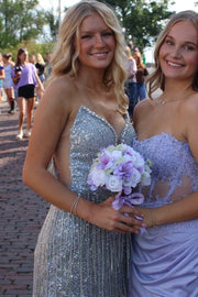 Low V-Neck Strapless Sequin Fitted Bead-Fringed Homecoming Dress