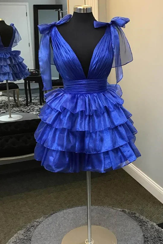 Low V-Neck Straps Backless Tulle A-Line Tiered Homecoming Dress