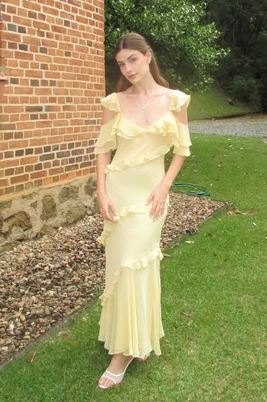 Low V-Neck  Straps Chiffon Ruffle Long Party Prom Dress