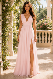 Low V-Neck Straps V-Back Chiffon A-Line Pleated Split Bridesmaid Dress
