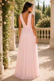 Low V-Neck Straps V-Back Chiffon A-Line Pleated Split Bridesmaid Dress
