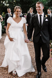 Luxurious Satin A-Line V-Neck Short Sleeves Wedding Dress With Train