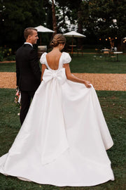 Luxurious Satin A-Line V-Neck Short Sleeves Wedding Dress With Train