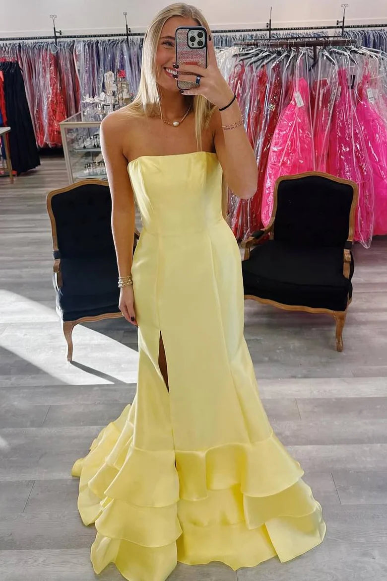 Casual Satin Strapless Empire Tiered Prom Dress With Slit