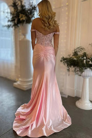 Pink Off-Shoulder Appliques Mermaid Prom Dress