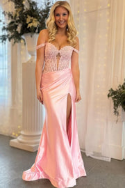 Pink Off-Shoulder Appliques Mermaid Prom Dress
