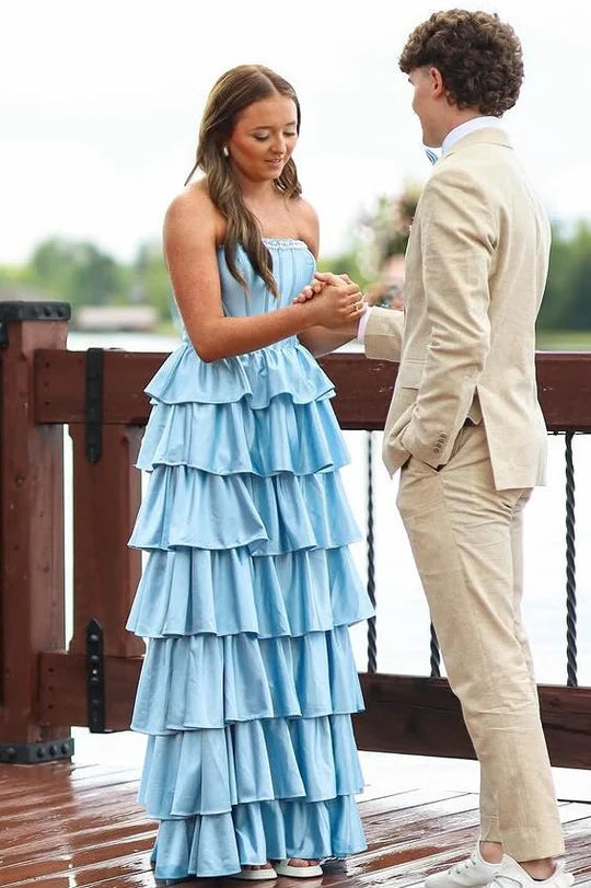 Modest Satin A-Line Strapless Beaded Tiered Party Prom Dress